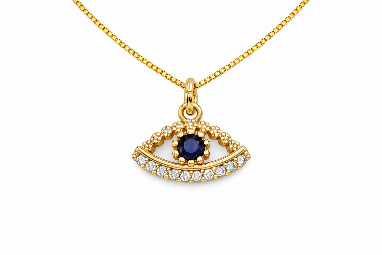 Gold necklace with an eye-shaped pendant featuring a blue gemstone on a white background