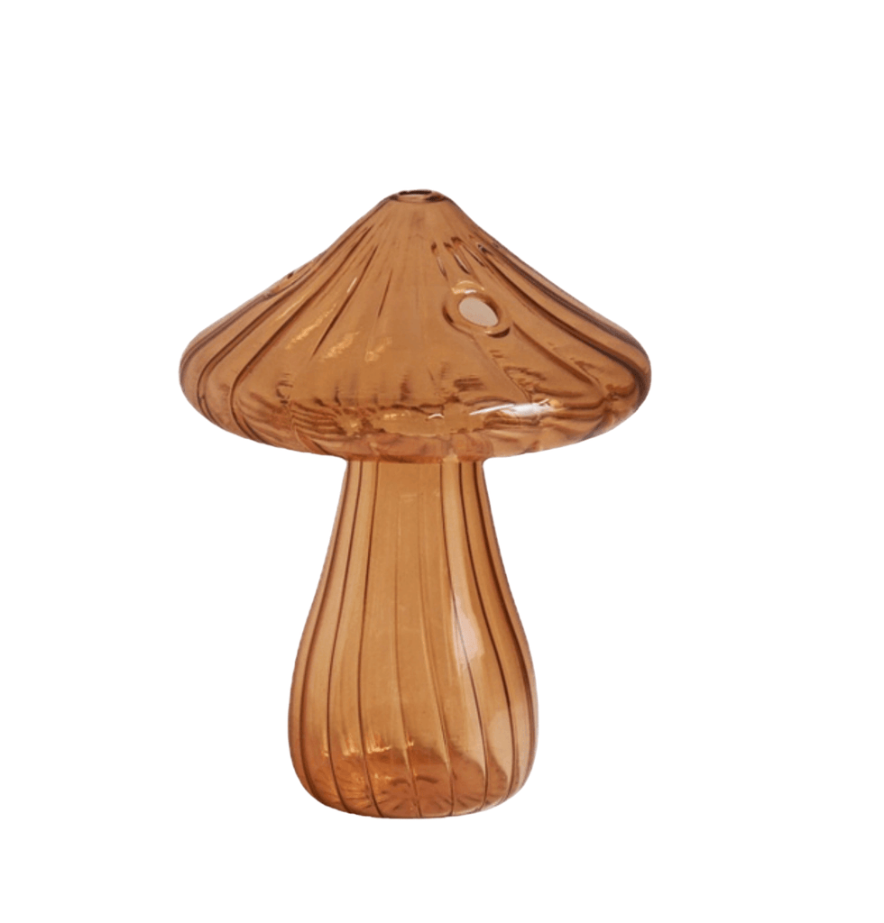 An earthy brown Mushroom Bud Vase crafted from durable borosilicate glass, ideal for showcasing your favorite blooms.