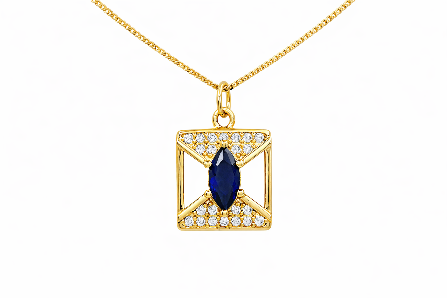 Gold necklace with a blue gemstone pendant on a white background