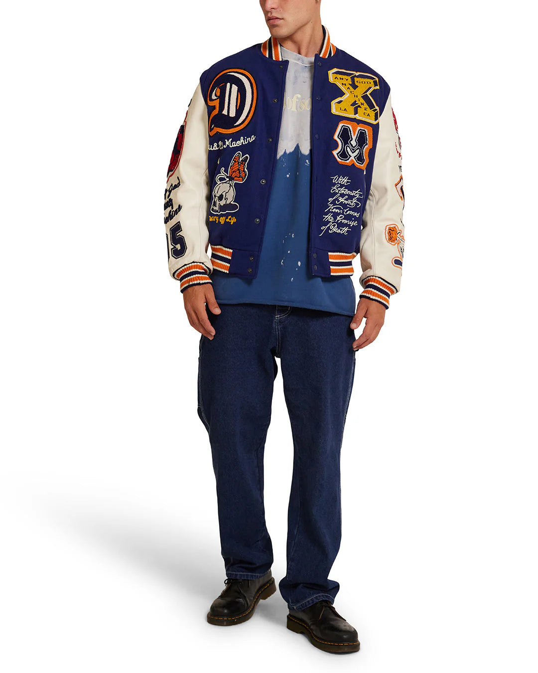 Deus Ex Machina Amanita Varsity Jacket with embroidered patches in blue and white