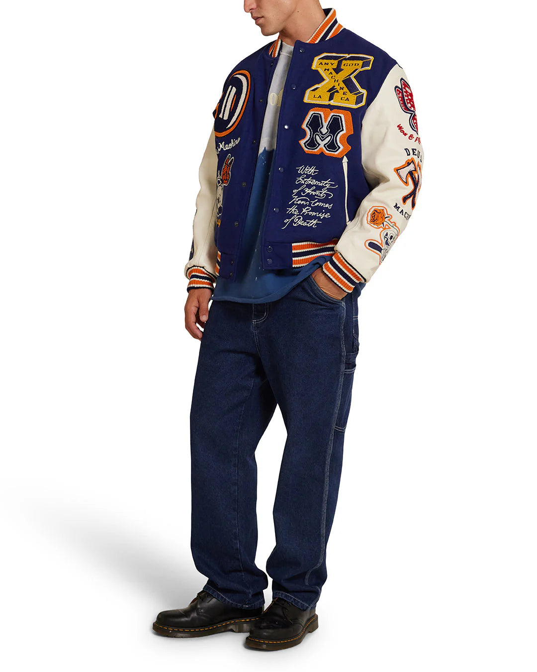 Deus Ex Machina Amanita Varsity Jacket with embroidered patches in blue and white