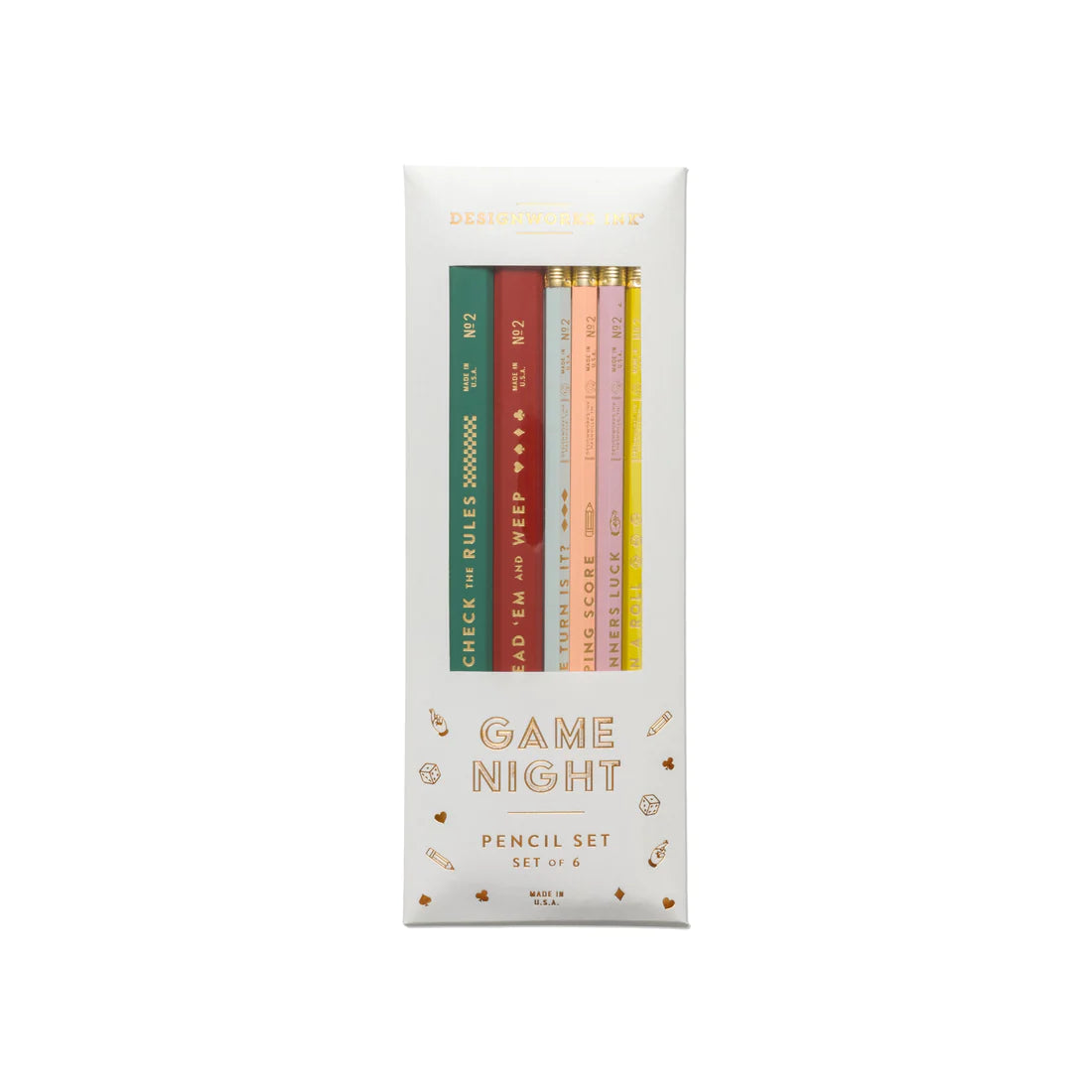 Image of the 'Game Night Pencil Set', featuring 2 carpenter pencils and 4 hex pencils with fun gaming phrases.