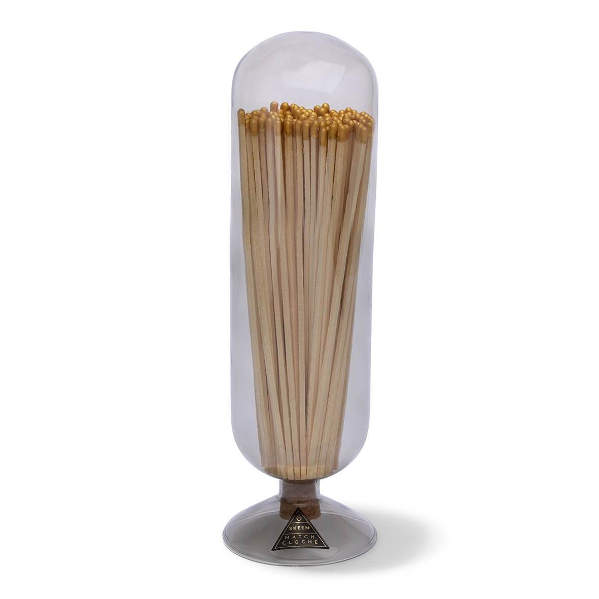 Golden Tip Smoke Fireplace Matches in a smoky glass cloche with gold-tipped matches, perfect for stylish and functional home decor.