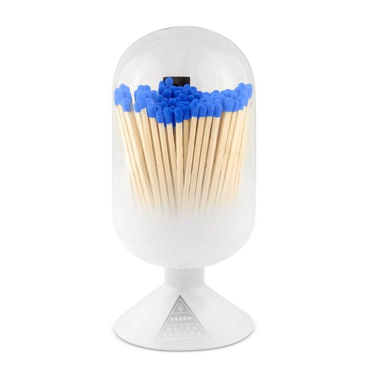 Blue Tip Match Cloche, a stylish glass container with a blue tip design, perfect for storing matches in a safe and elegant manner.