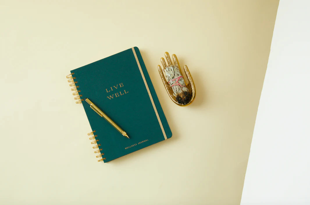 Image of the 'Live Well Wellness Journal', emphasizing its wellness tracking features across fitness, nutrition, mental health, and personal goals.