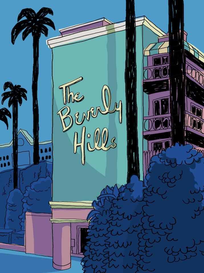 The Beverly Hills Hotel Print - Iconic facade and lush palm trees against a blue sky, capturing the essence of Hollywood glamour and luxury.