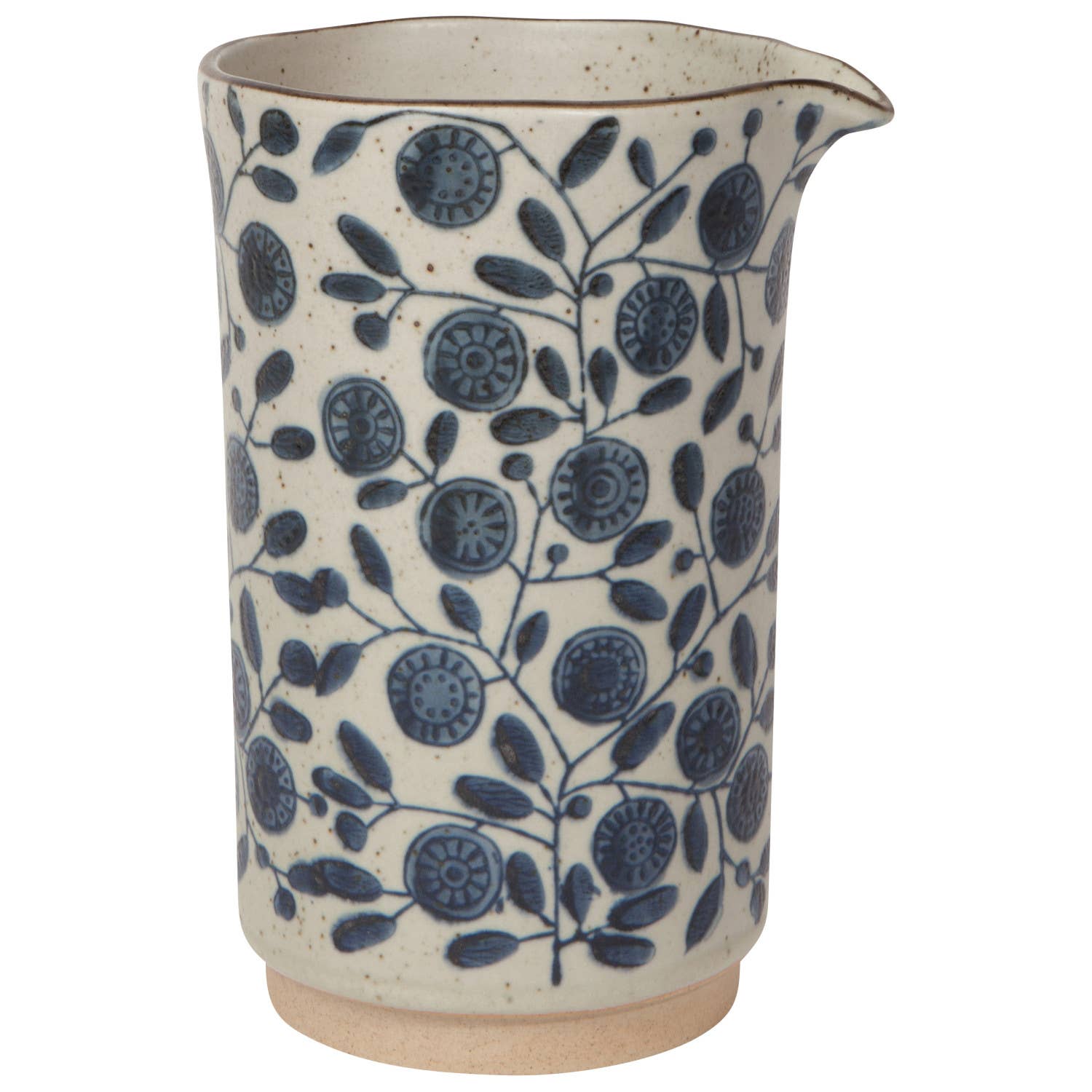 Handmade ceramic pitcher with speckled glaze and blue floral pattern, featuring a curved spout for easy pouring.