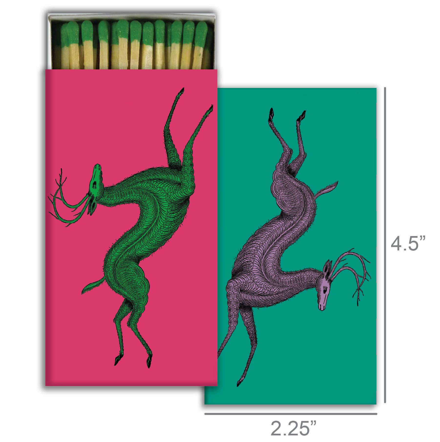 Artistic matchbox with abstract deer illustrations on vibrant pink and green backgrounds.