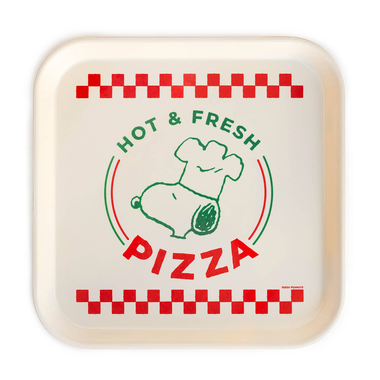 Square cream-colored tray with a green outline of Snoopy wearing a chef’s hat, red checkered accents, and the words “Hot & Fresh Pizza.”
