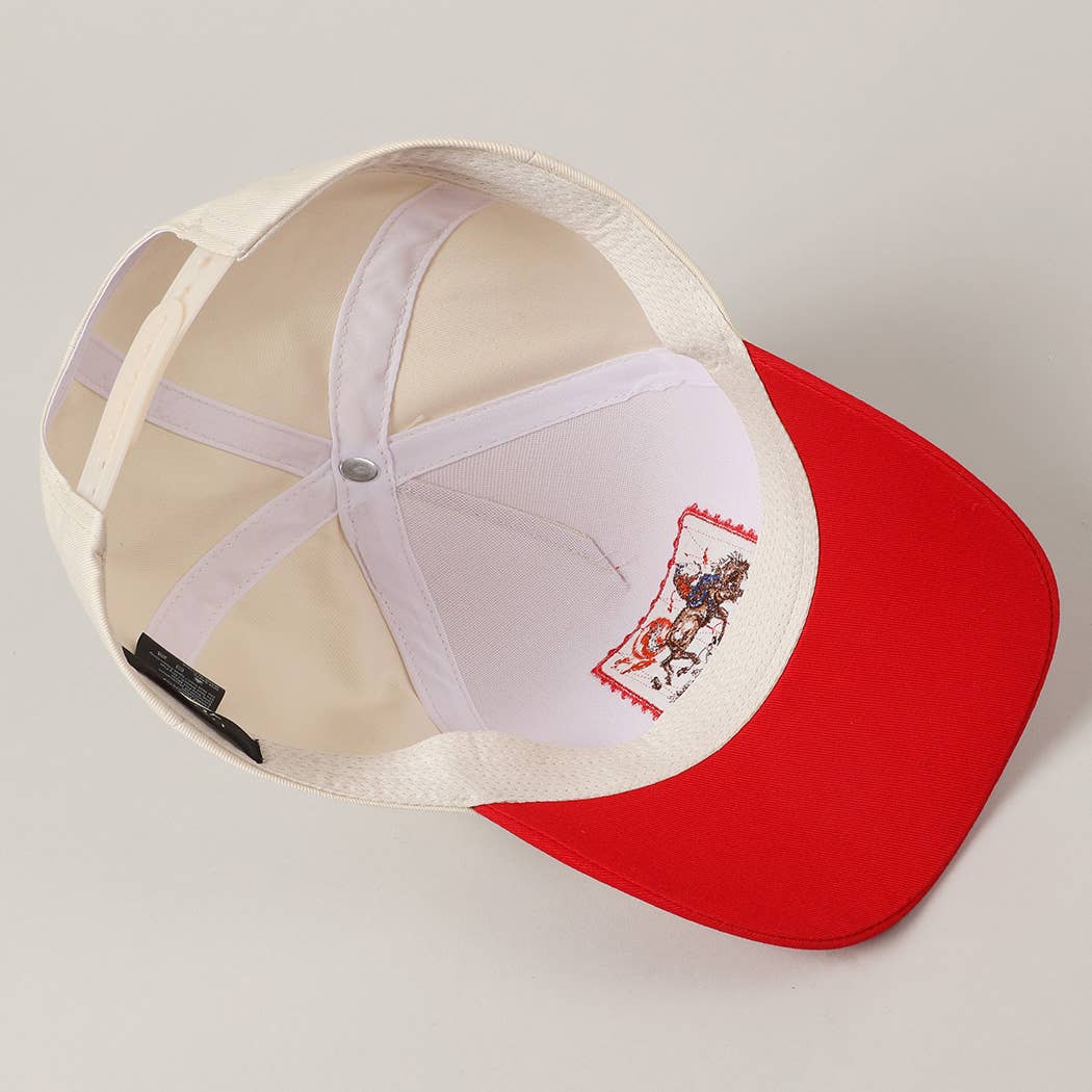 Baseball cap with red brim and beige back on a light gray background