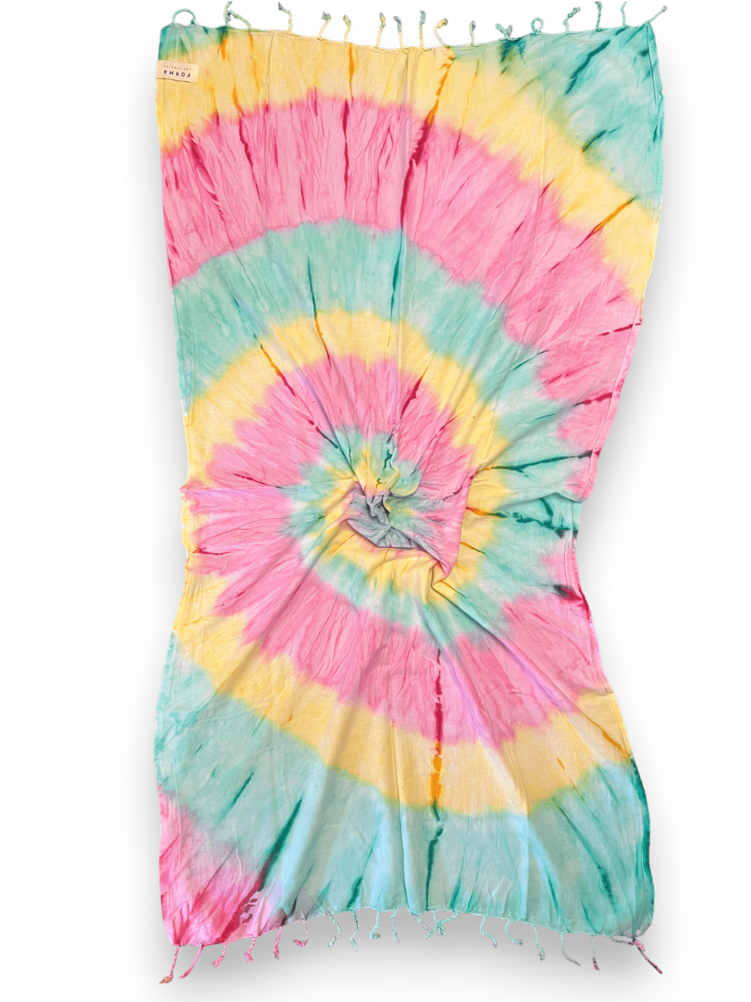 A colorful set of Forma Towels from the Aura Collection, displayed as beach towels, home towels, and a shawl.