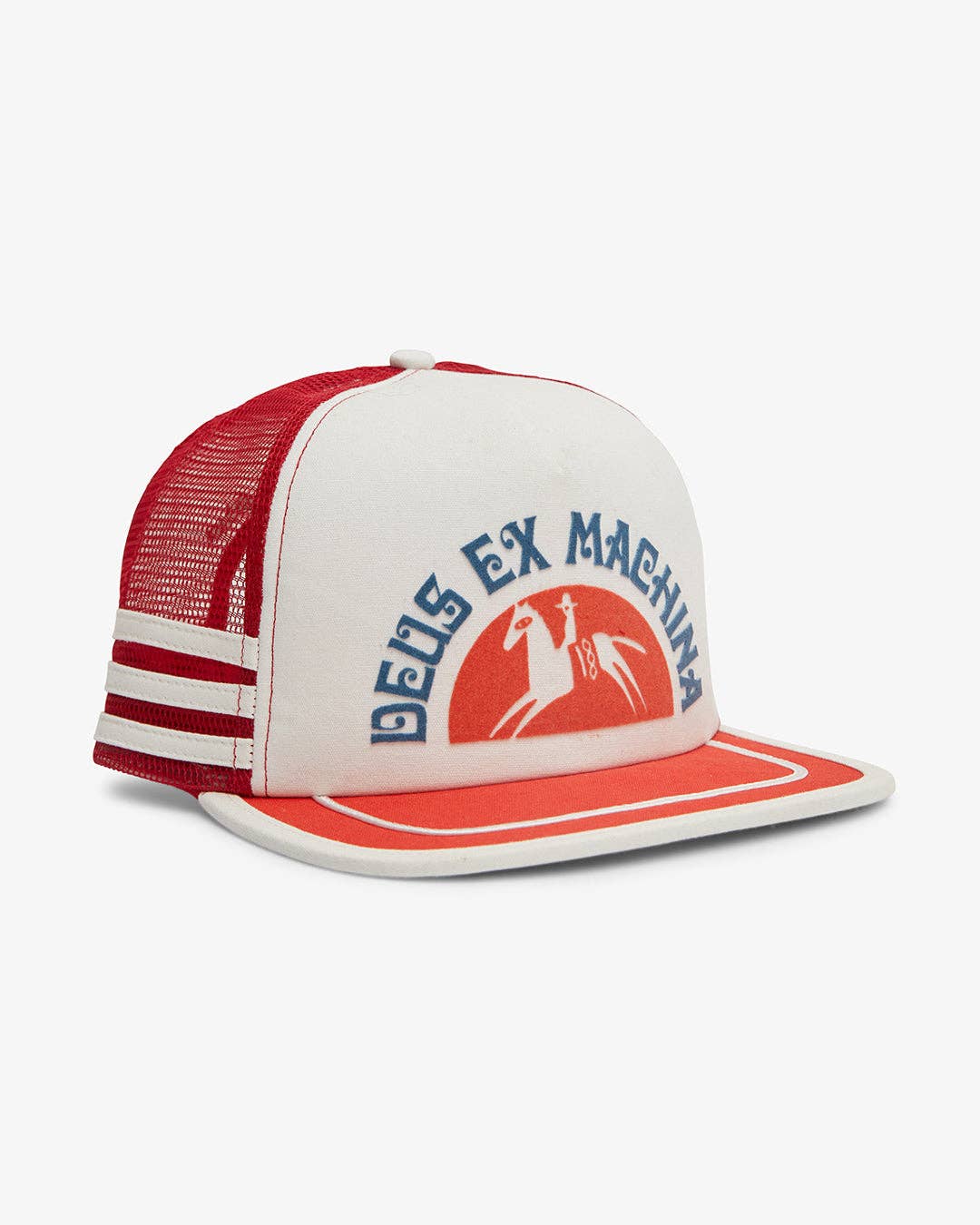 Red and white cap with 'Deus Ex Machina' logo on a white background