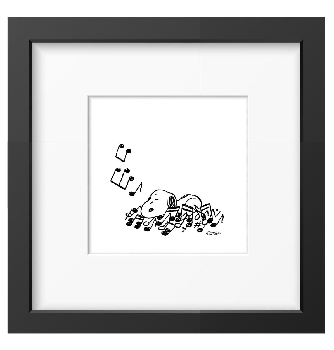 Framed black-and-white print of a relaxed dog resting on musical notes, perfect for music lovers and cozy home decor.