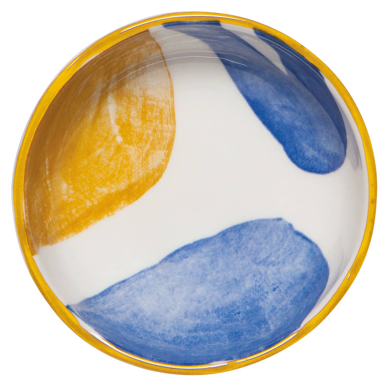 Canvas Pinch Bowls with abstract mustard yellow, navy blue, and light blue patterns.