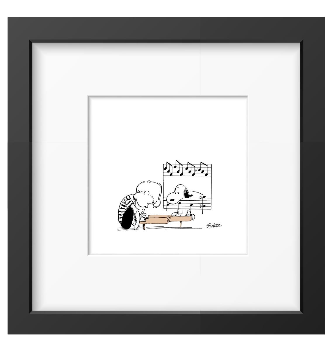 Framed print of a playful dog and a young pianist playing music together, with a simple black-and-white design and musical notes.