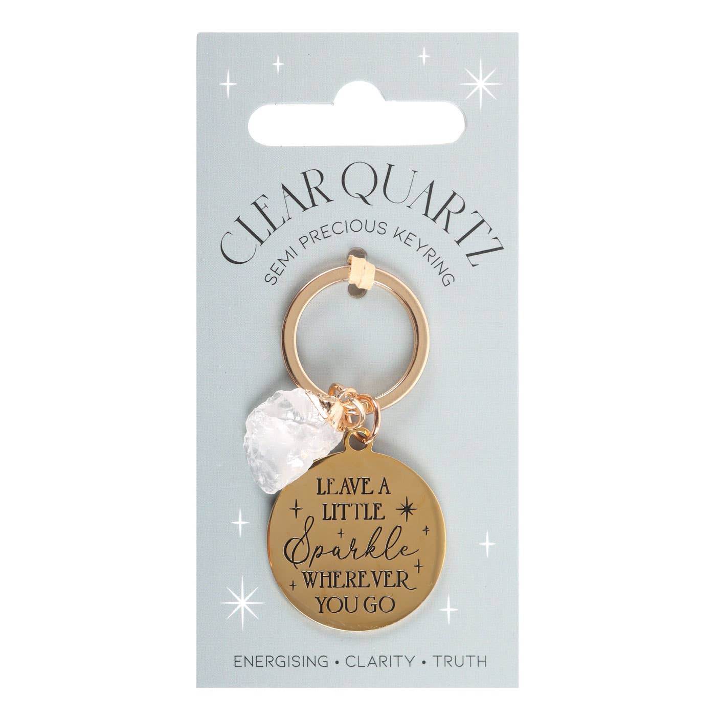 Clear quartz crystal keychain with gold-tone pendant and inspirational message on display card.