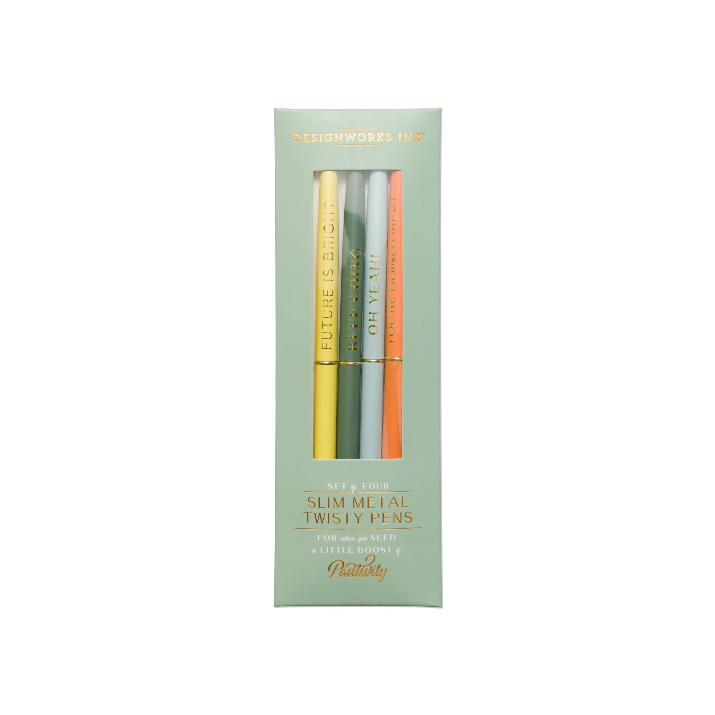 "Positivity" slim metal pen set of four in assorted bright colors, each featuring an inspirational message, packaged in a mint green box.