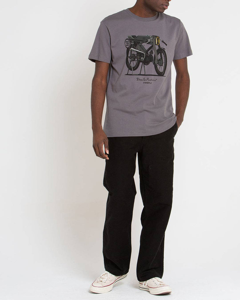 : Firefly Tee - Moon Mist: Soft tee with old-style custom motorcycle design, epitome of vintage coolness.