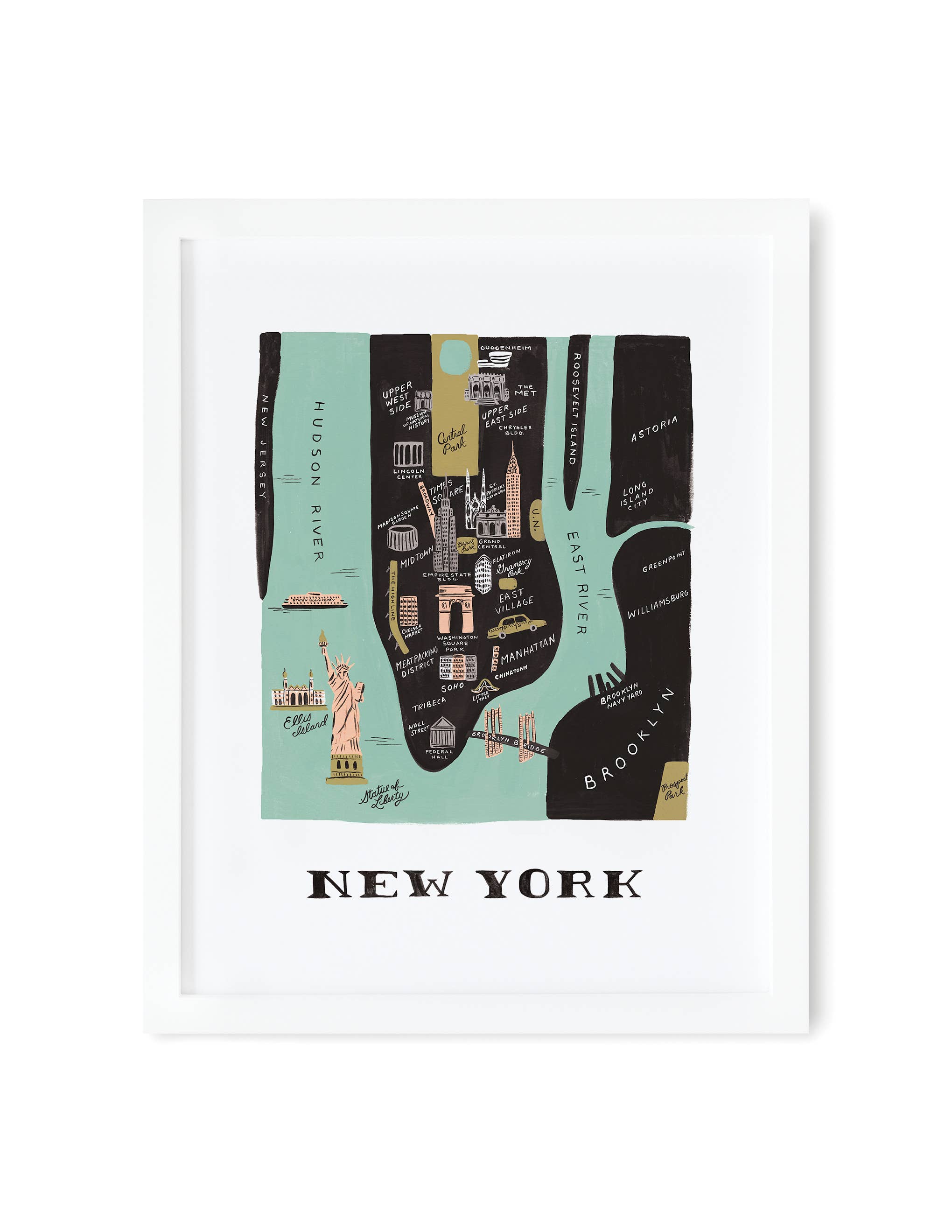 Framed New York City map print with hand-drawn landmarks, neighborhoods, and waterways in a vintage-inspired artistic style.