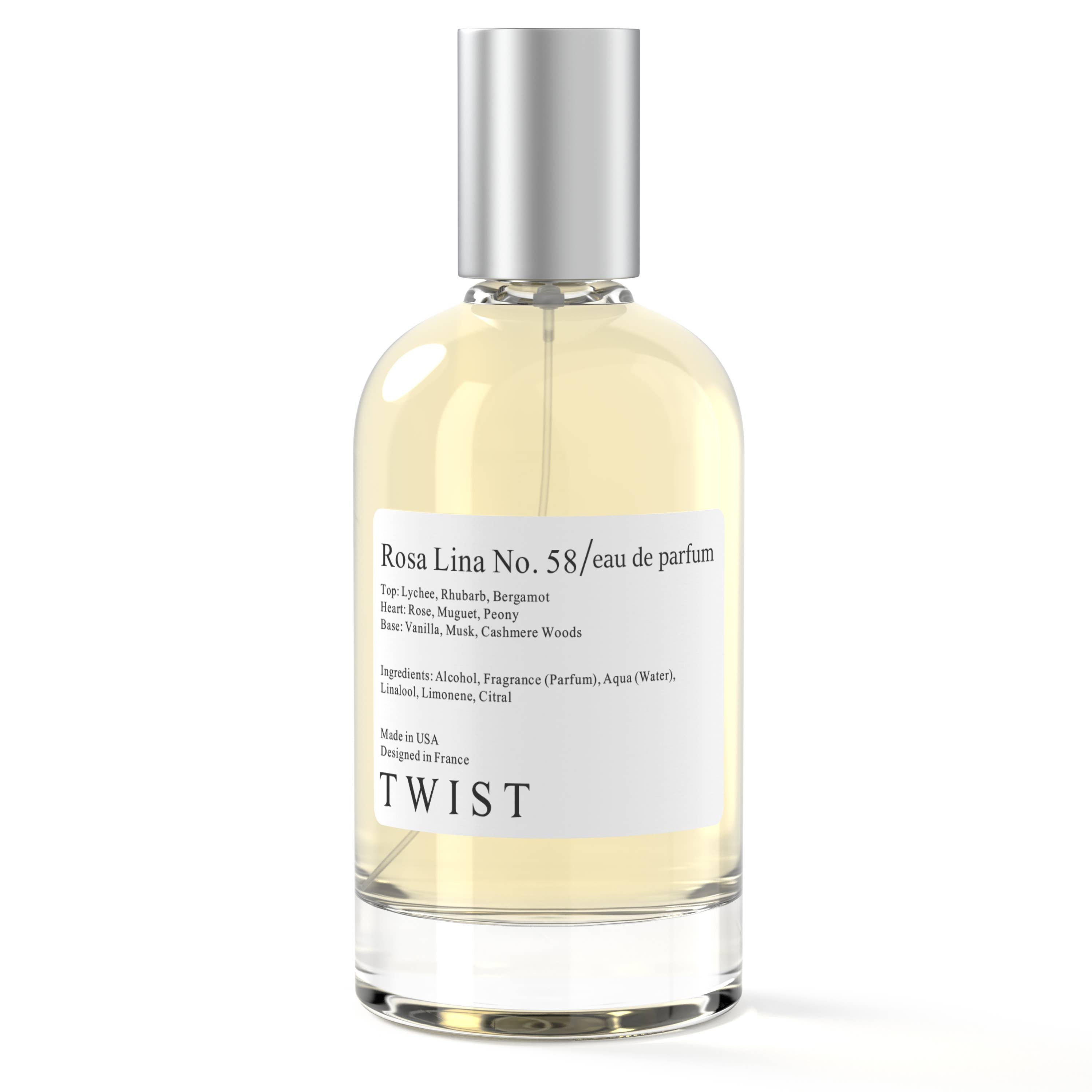 Bottle of Rosa Lina No. 58 Eau De Parfum, featuring a unique blend of roses, cashmeran, and rhubarb for a sweet, green, and creamy fragrance.