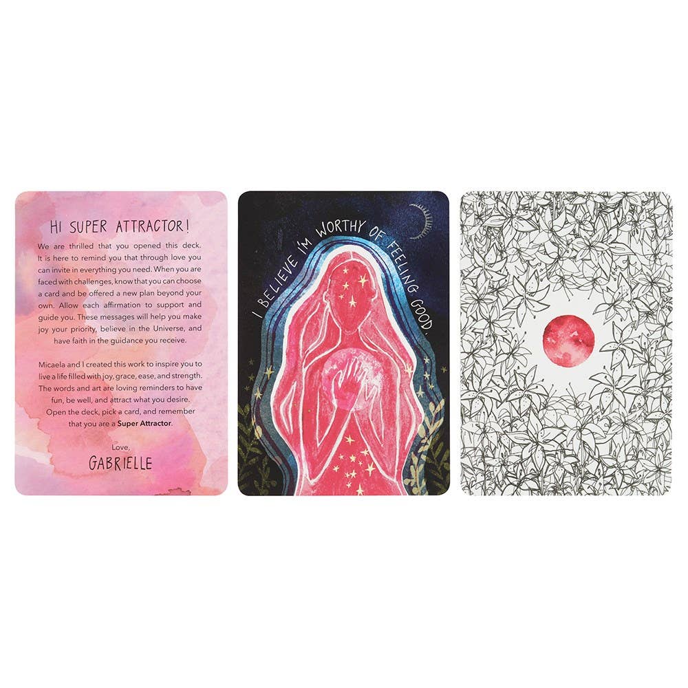 Super Attractor Oracle Card Deck by Gabrielle Bernstein featuring a purple box with stars and moon artwork.