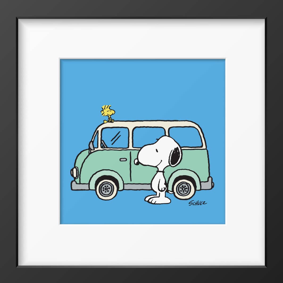 Framed art print of Snoopy and Woodstock with a retro green van on a blue background.