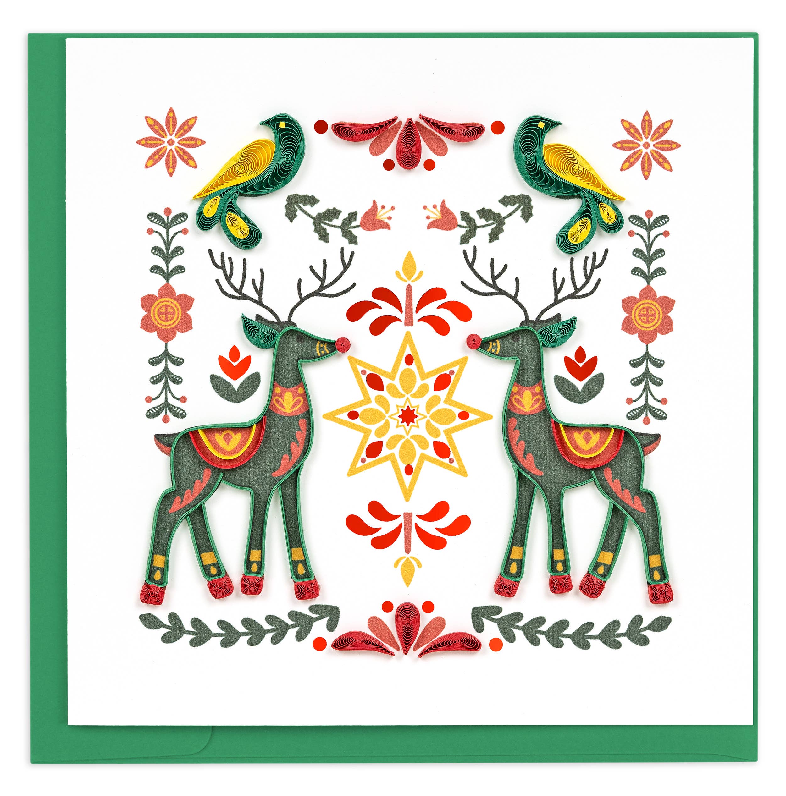 Decorative card with reindeer, birds, and floral patterns on a white background.