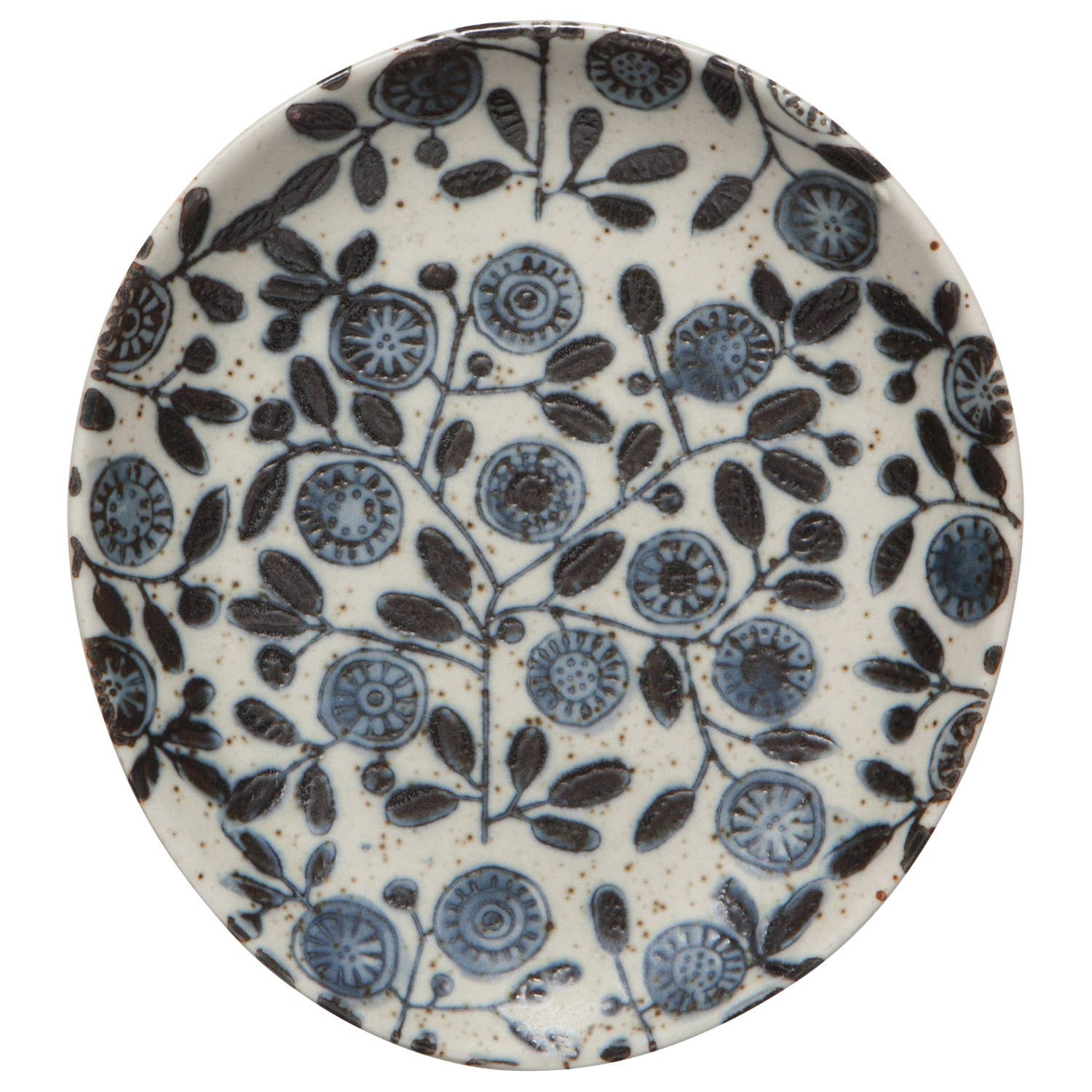 Ceramic plate with blue and brown floral pattern on a white background