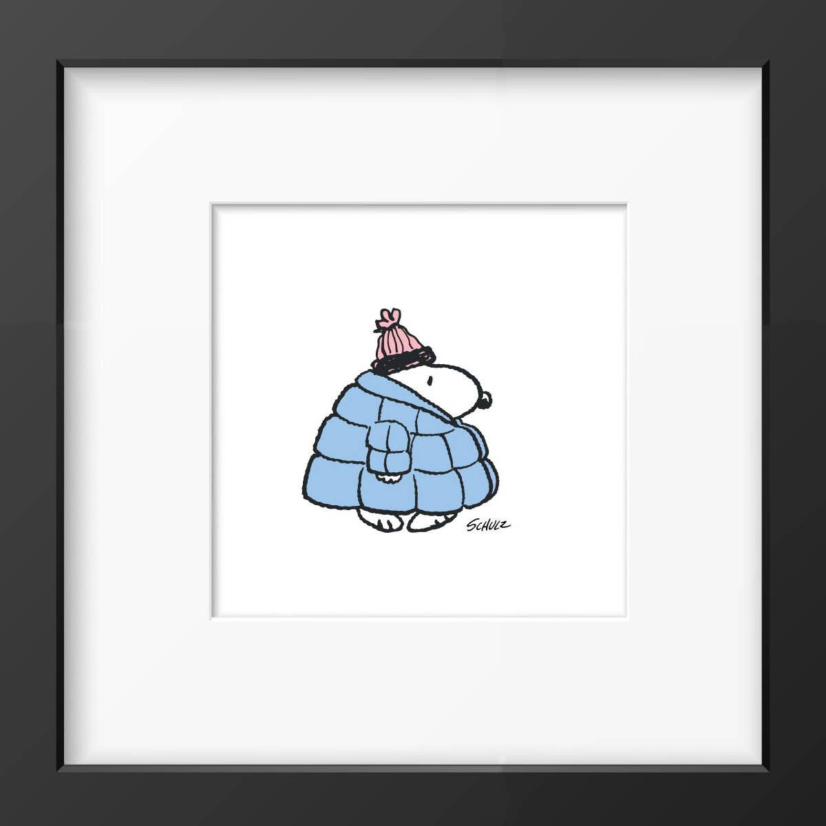 Framed artwork of a cartoon dog wearing a blue puffer jacket and pink beanie.