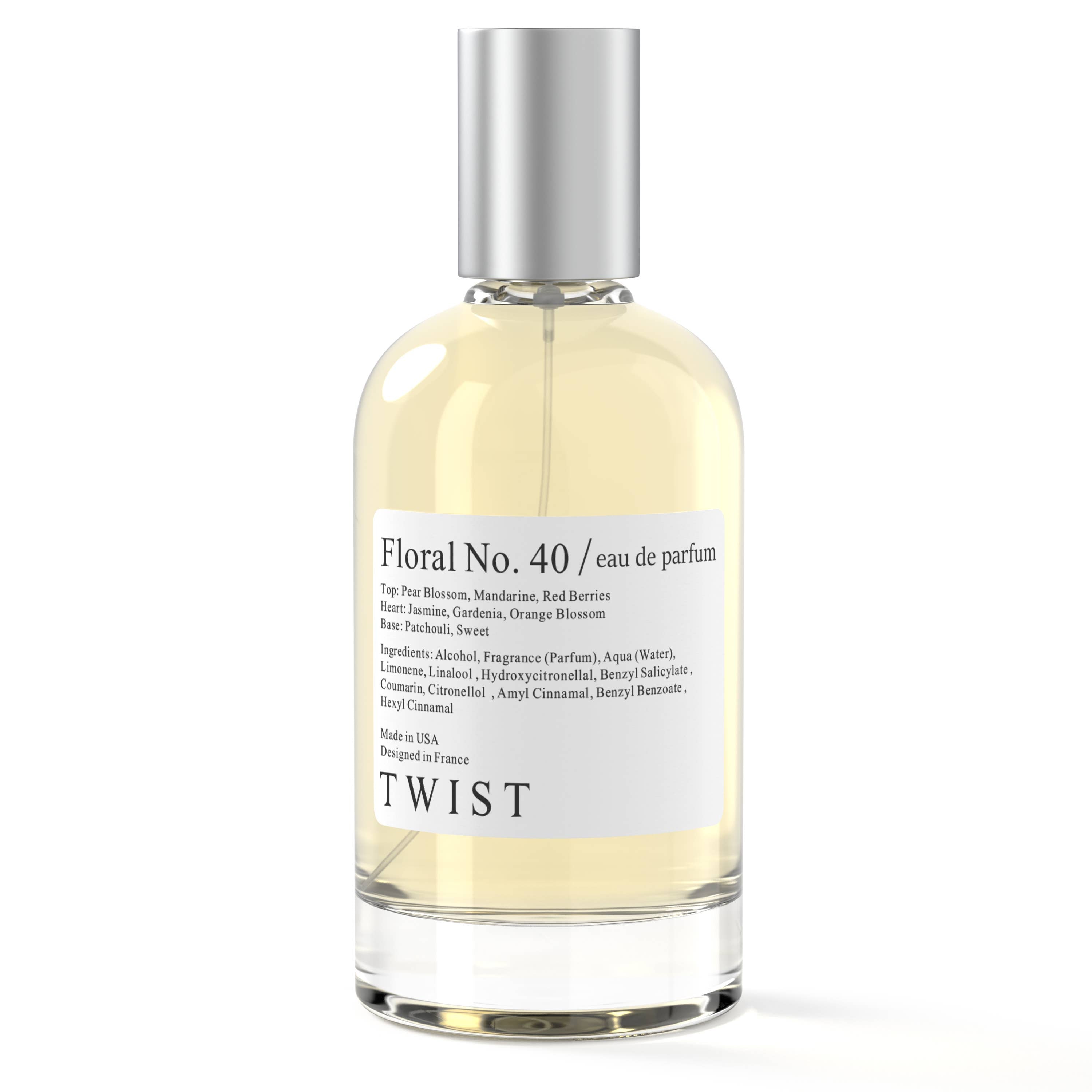 Bottle of Floral No. 40 Eau De Parfum, featuring notes of gardenia, fruity accents, brown sugar, and patchouli.