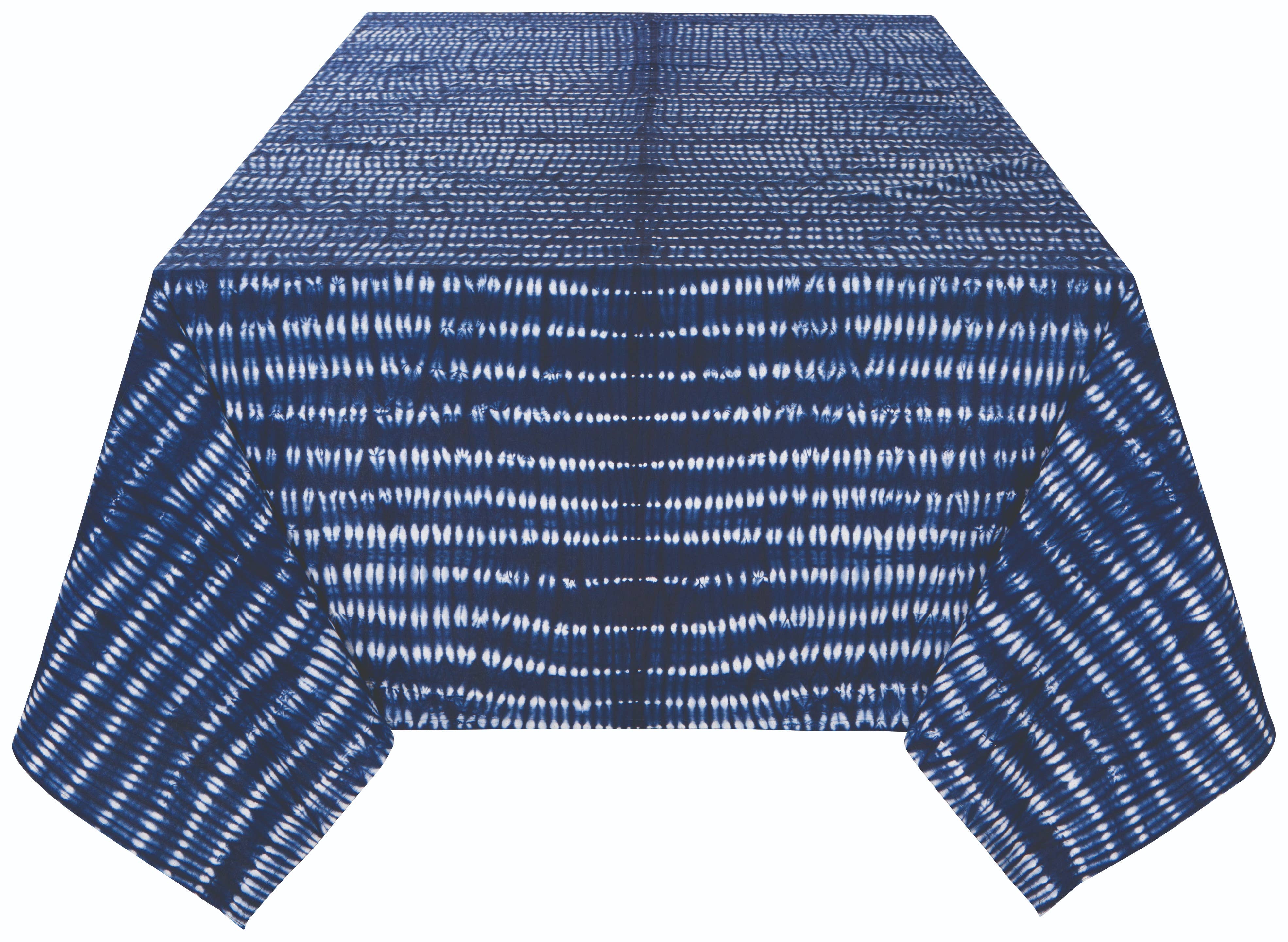 Tidal Tie Dye Indigo Tablecloth, 100% cotton with vibrant tie-dye pattern in indigo hues.