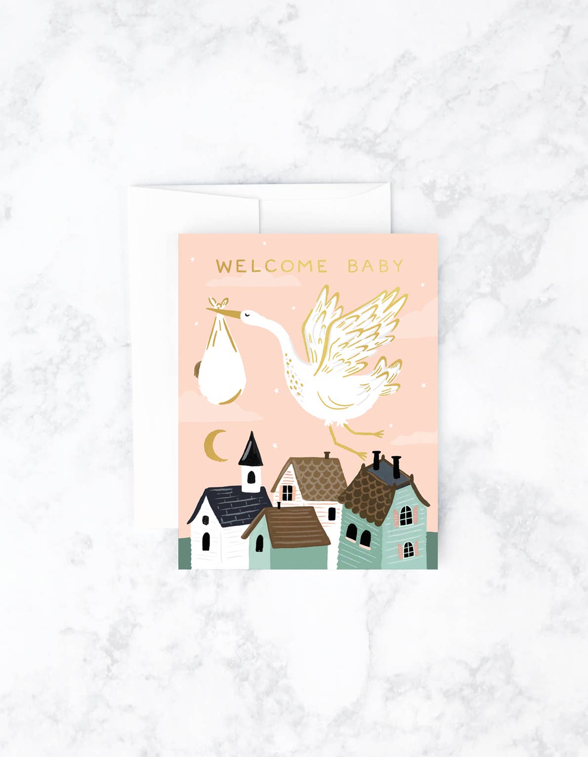 Greeting card with a stork carrying a baby bundle flying above pastel houses, with “Welcome Baby” text.