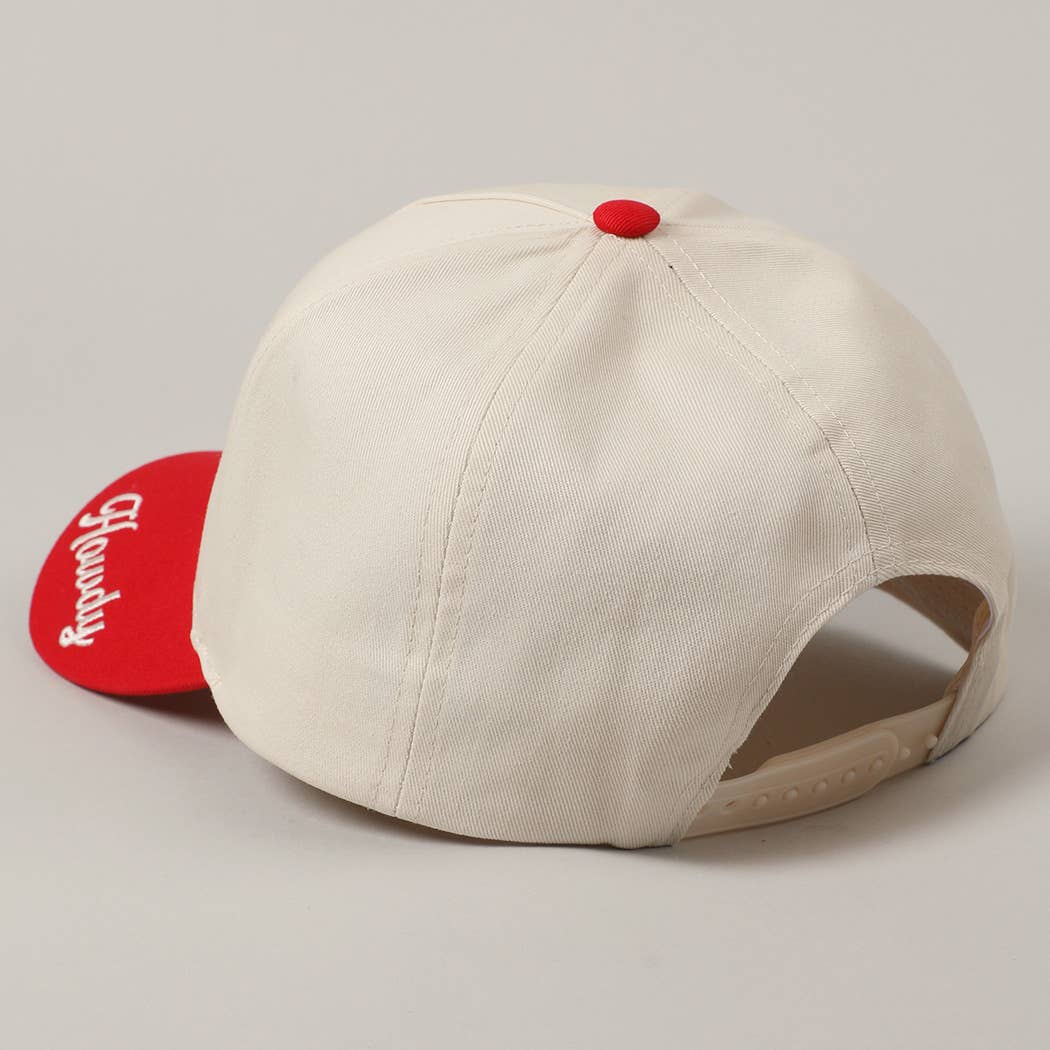 Beige cap with red button and 'Floody' logo on a gray background