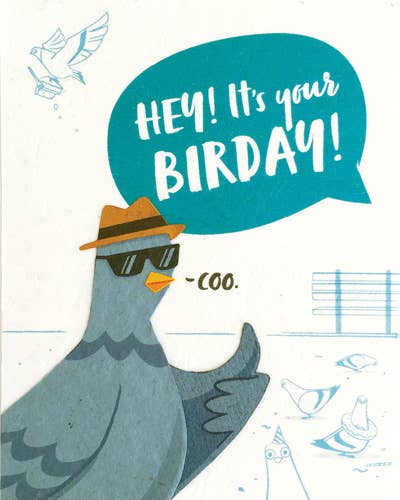 Cartoon bird with sunglasses and a hat, saying 'Hey! It's your BIRDAY!' in a blue speech bubble.