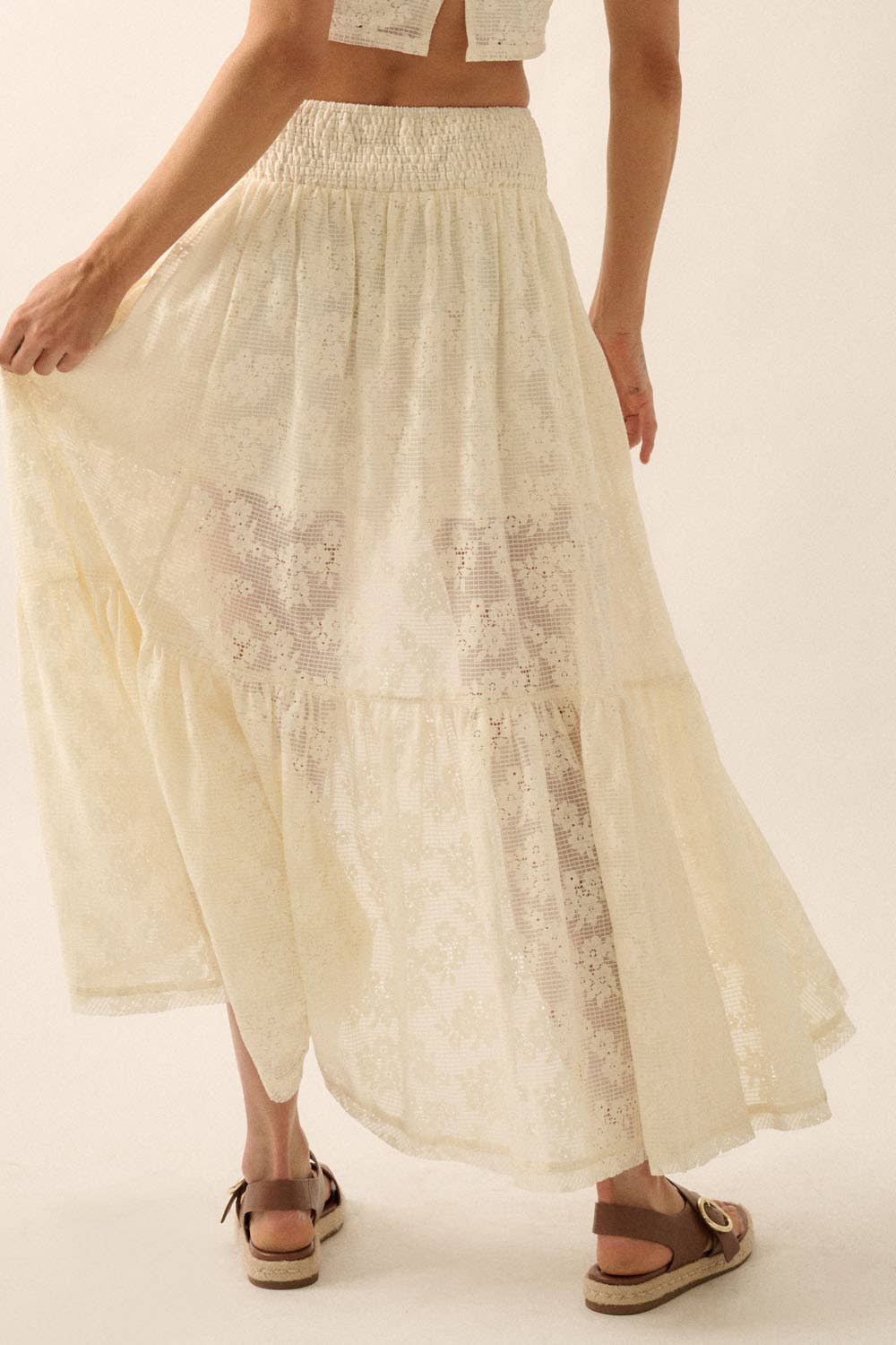 Floral Lace High-Low Ruffled Maxi Skirt