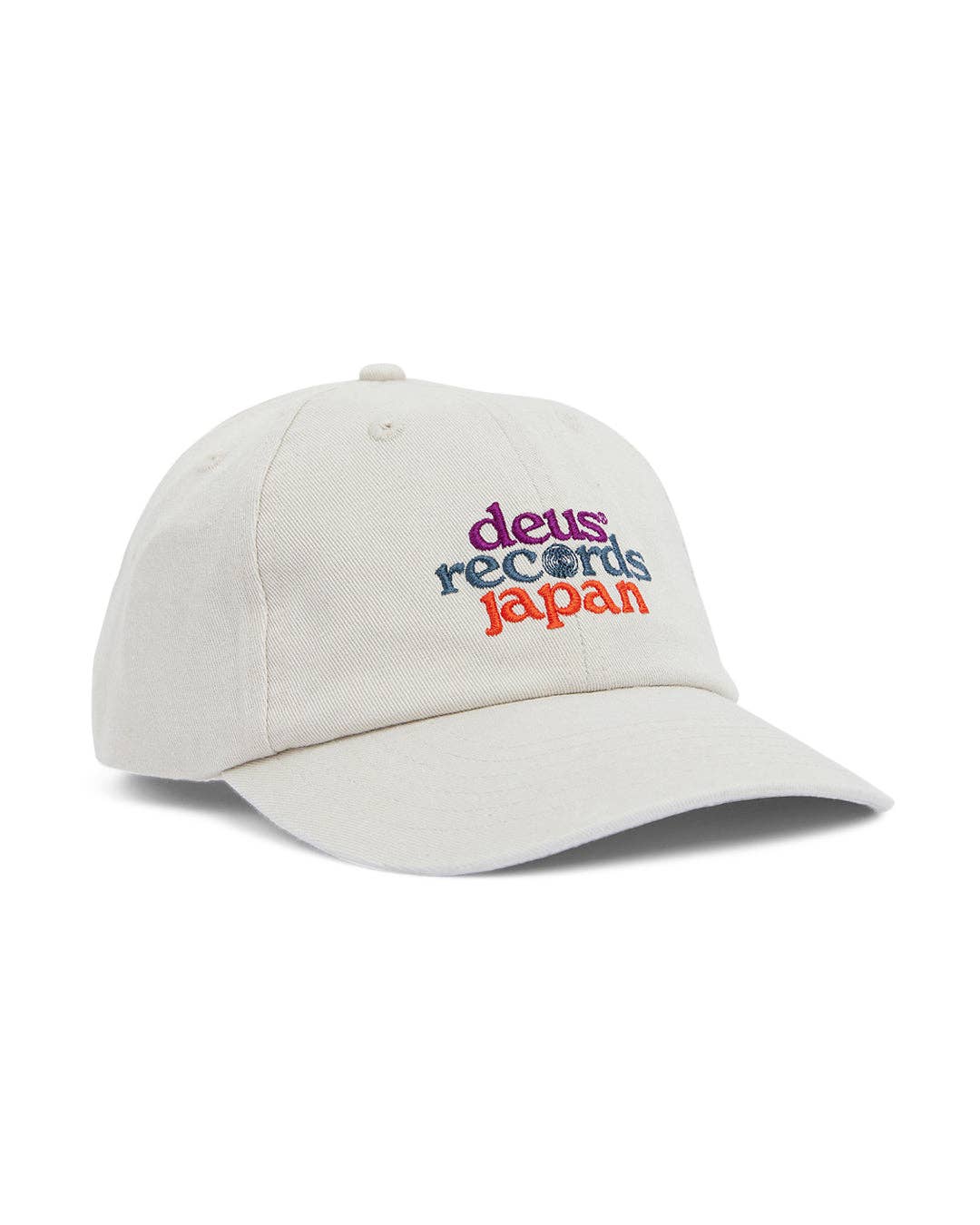 A white 'Dad' style baseball cap with 'deus ex machina japan' embroidered on the front.