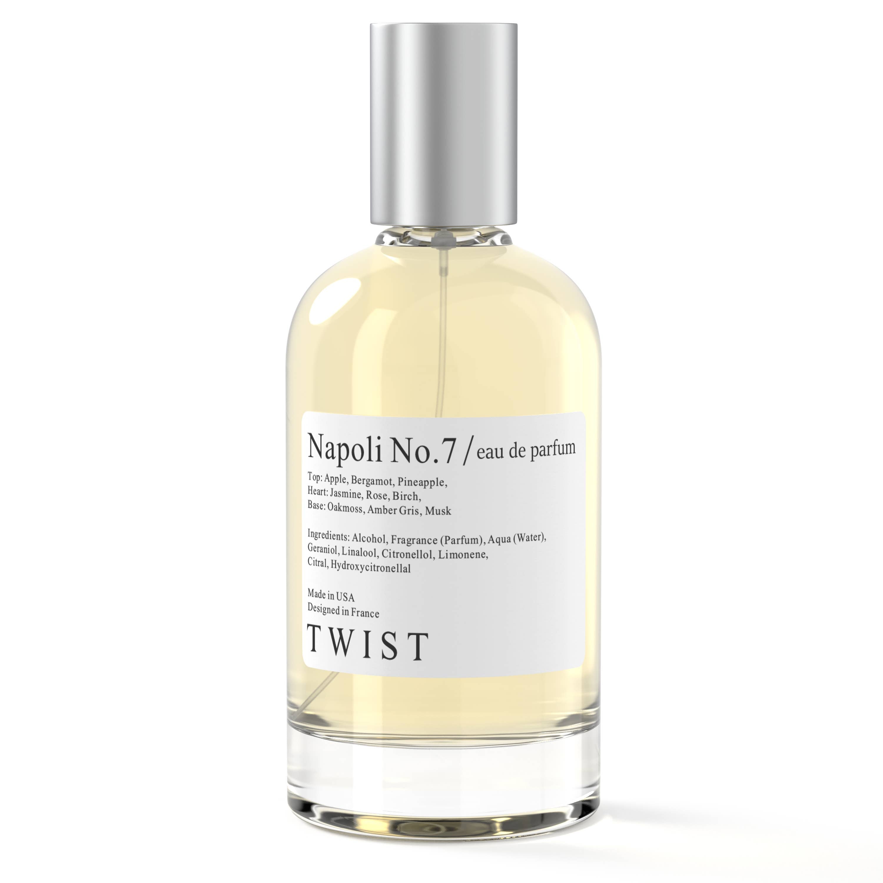 Bottle of Napoli No. 7 Eau De Parfum, featuring notes of apple, bergamot, jasmine, oakmoss, and musk for a fresh and sophisticated fragrance.