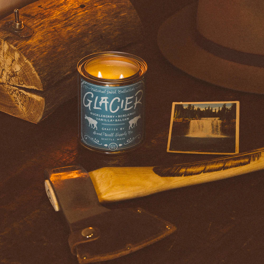 Handcrafted all-natural soy Glacier National Park Candle with the scent of fresh pine, cedarwood, and wild berries.