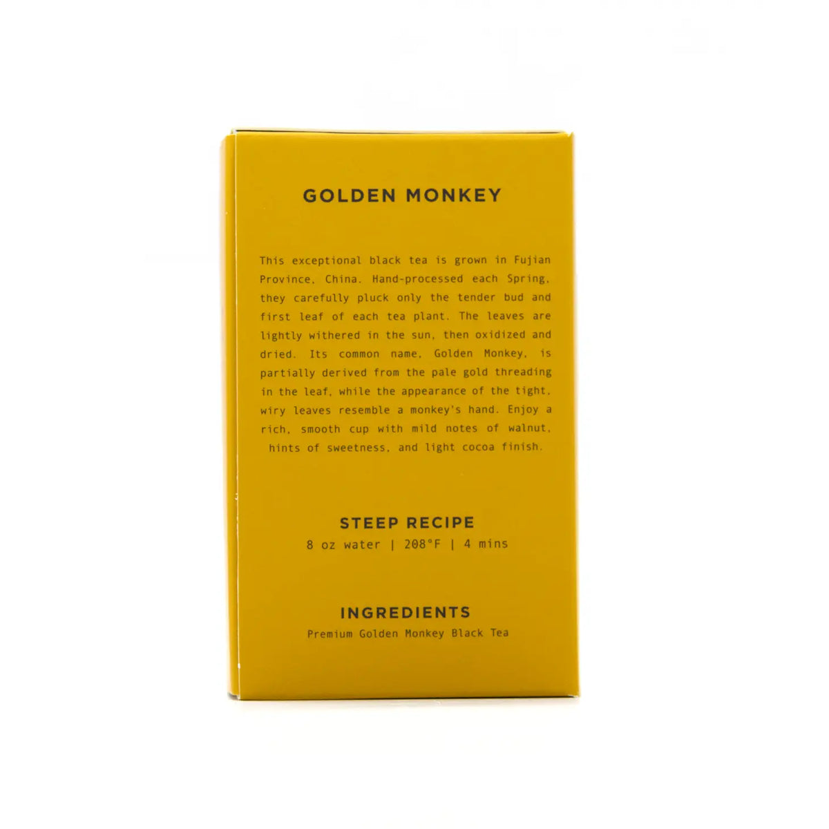Golden Monkey Black Tea, a hand-processed blend from Fujian Province with notes of walnut and a light cocoa finish.
