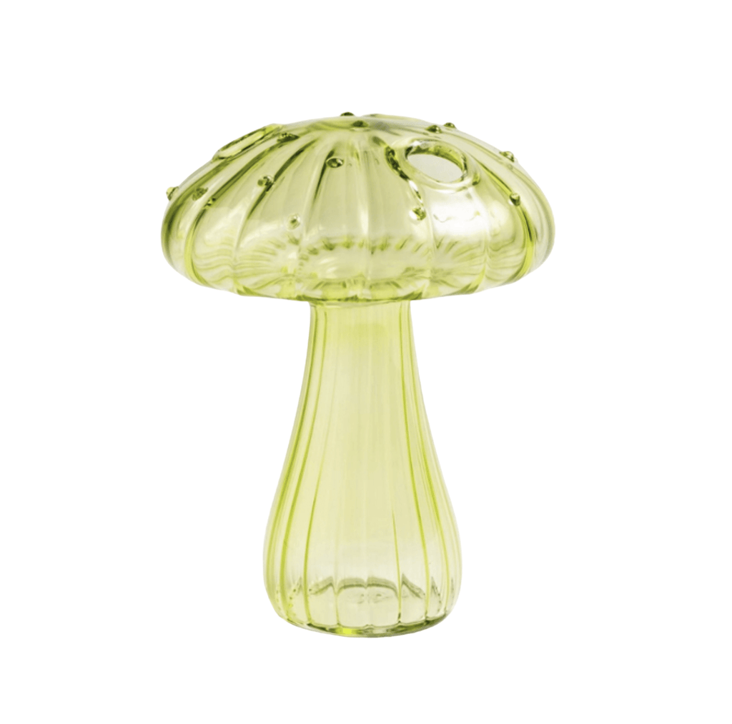 A lush green Mushroom Bud Vase made from durable borosilicate glass, perfect for displaying your favorite flowers.