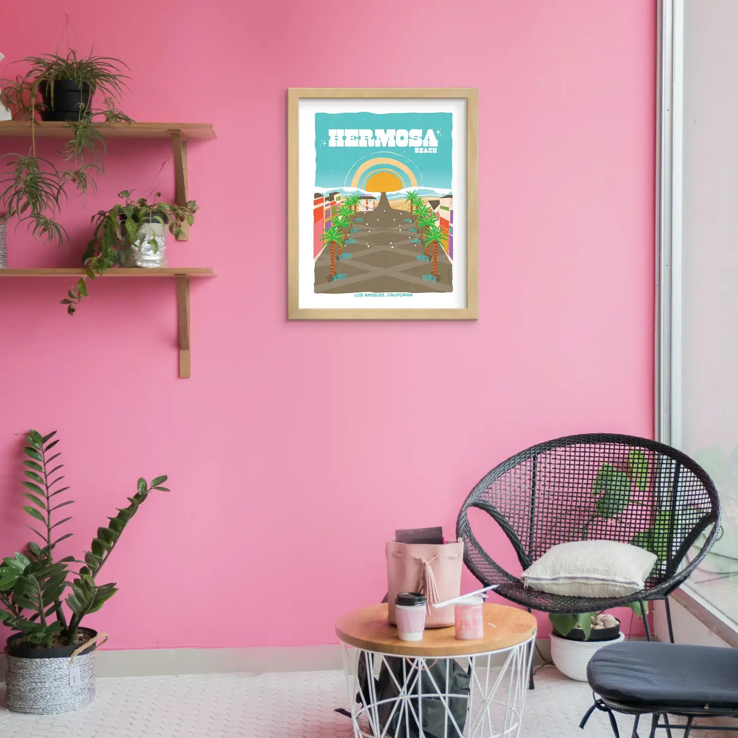 Picturesque print of Hermosa Beach's tranquil shoreline and iconic pier, echoing Southern California's beach charm.