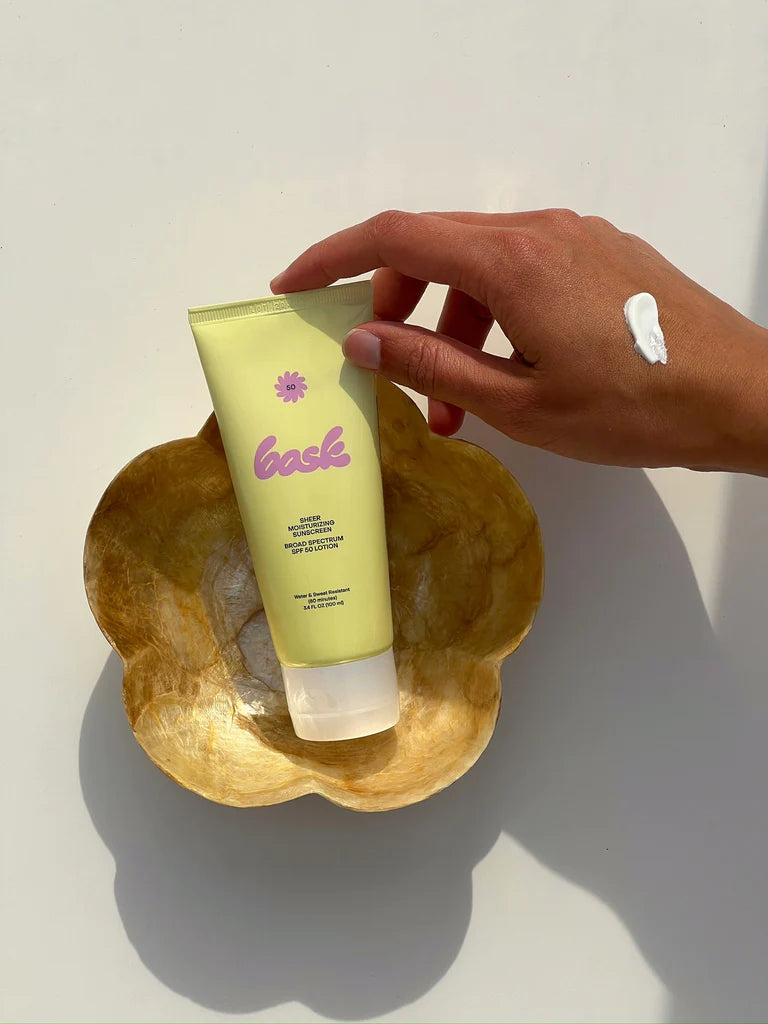 Bask SPF 50 Sunscreen Lotion bottle, 80 minutes of high-intensity UV protection.