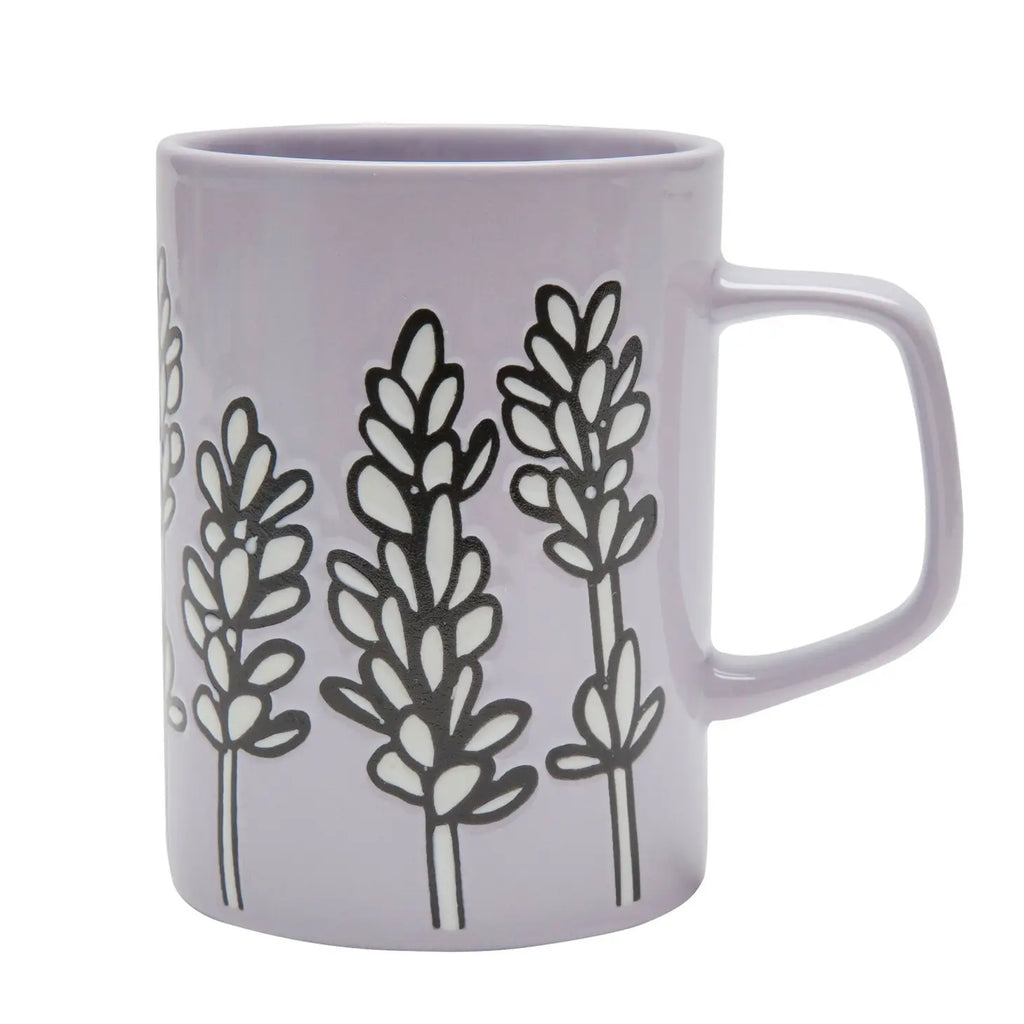 A Ceramic Lavender Mug showcasing a calming lavender design, placed on a light-colored surface.