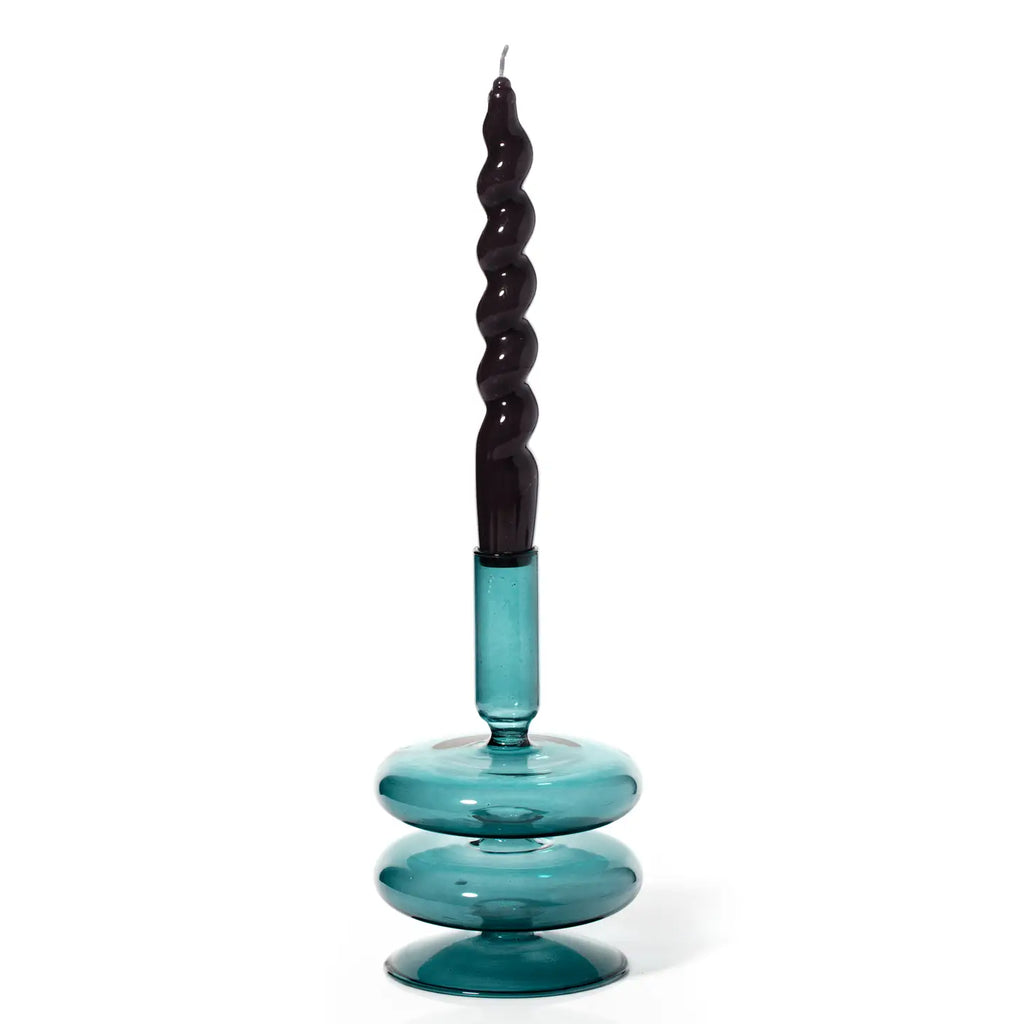 Ocean Teal Coloured Glass Taper Holder, reflecting a calming, sea-inspired glow.