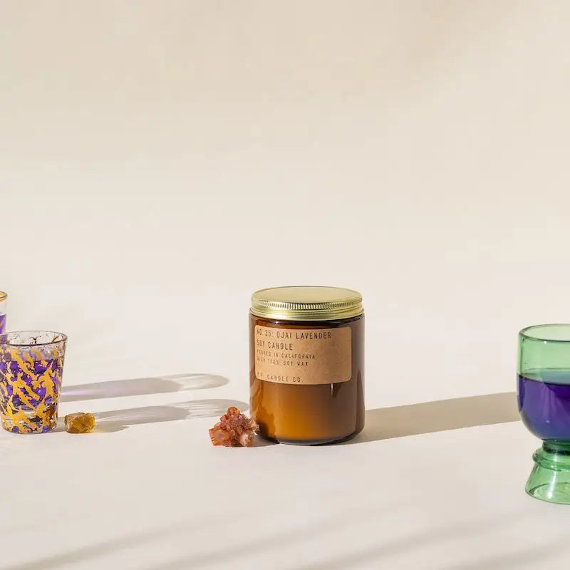 Ojai Lavender Soy Candle in recyclable packaging, emitting a calming lavender scent.