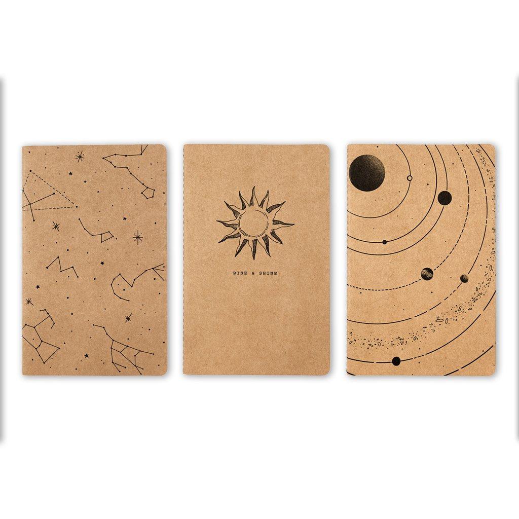 A set of Paper Astronomy Notebooks showcasing intricate celestial designs on a sturdy paper cover.