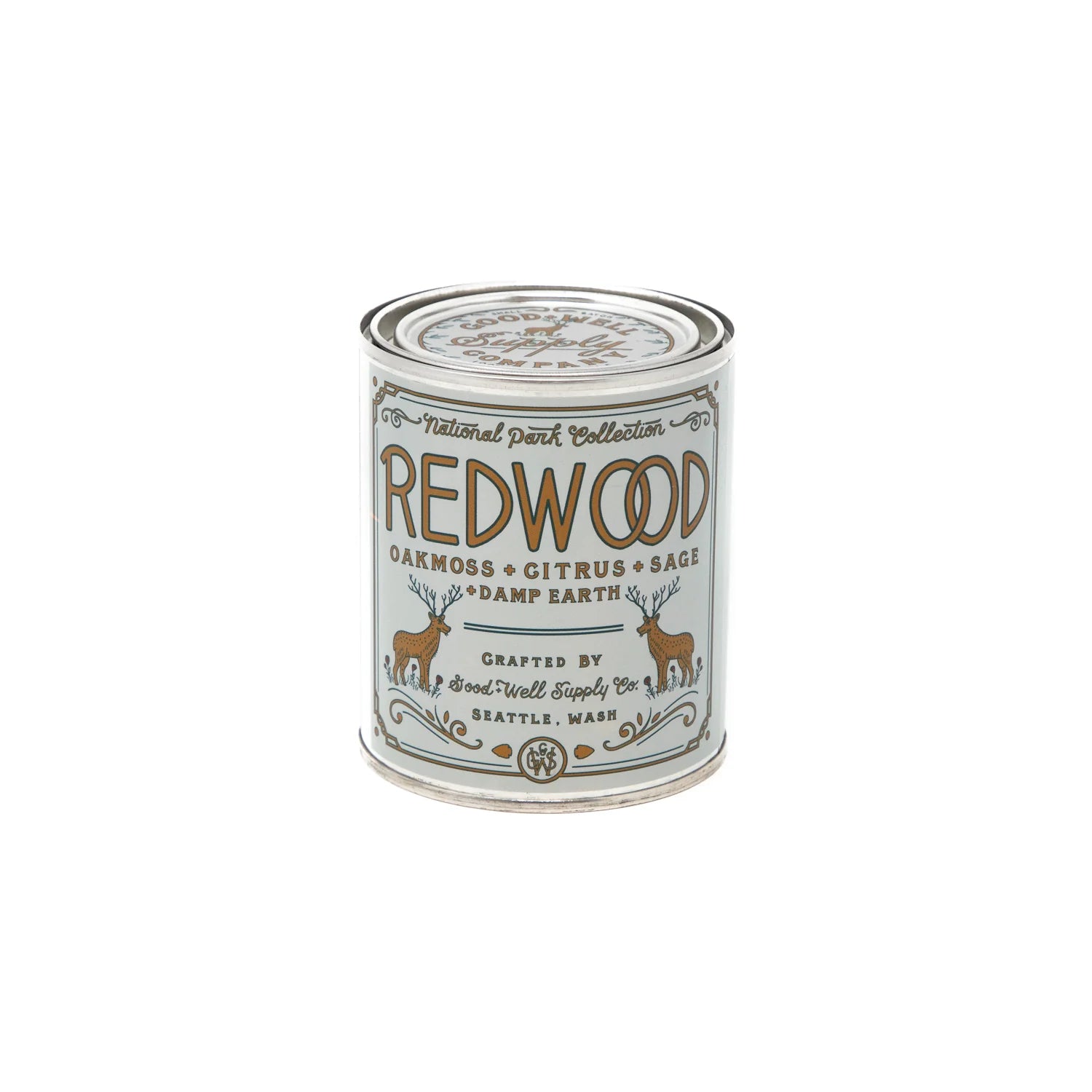 Handcrafted all-natural soy Redwood National Park Candle with the scents of redwood, raspberry, and sandalwood.