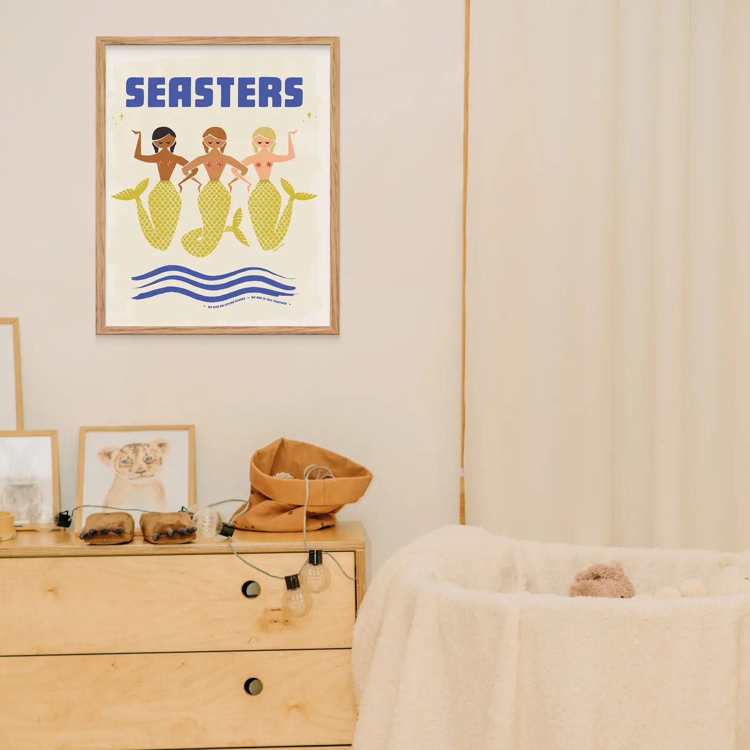 Artistic depiction of three sisters amidst the sea's waves, symbolizing the strength of familial bonds and coastal memories.