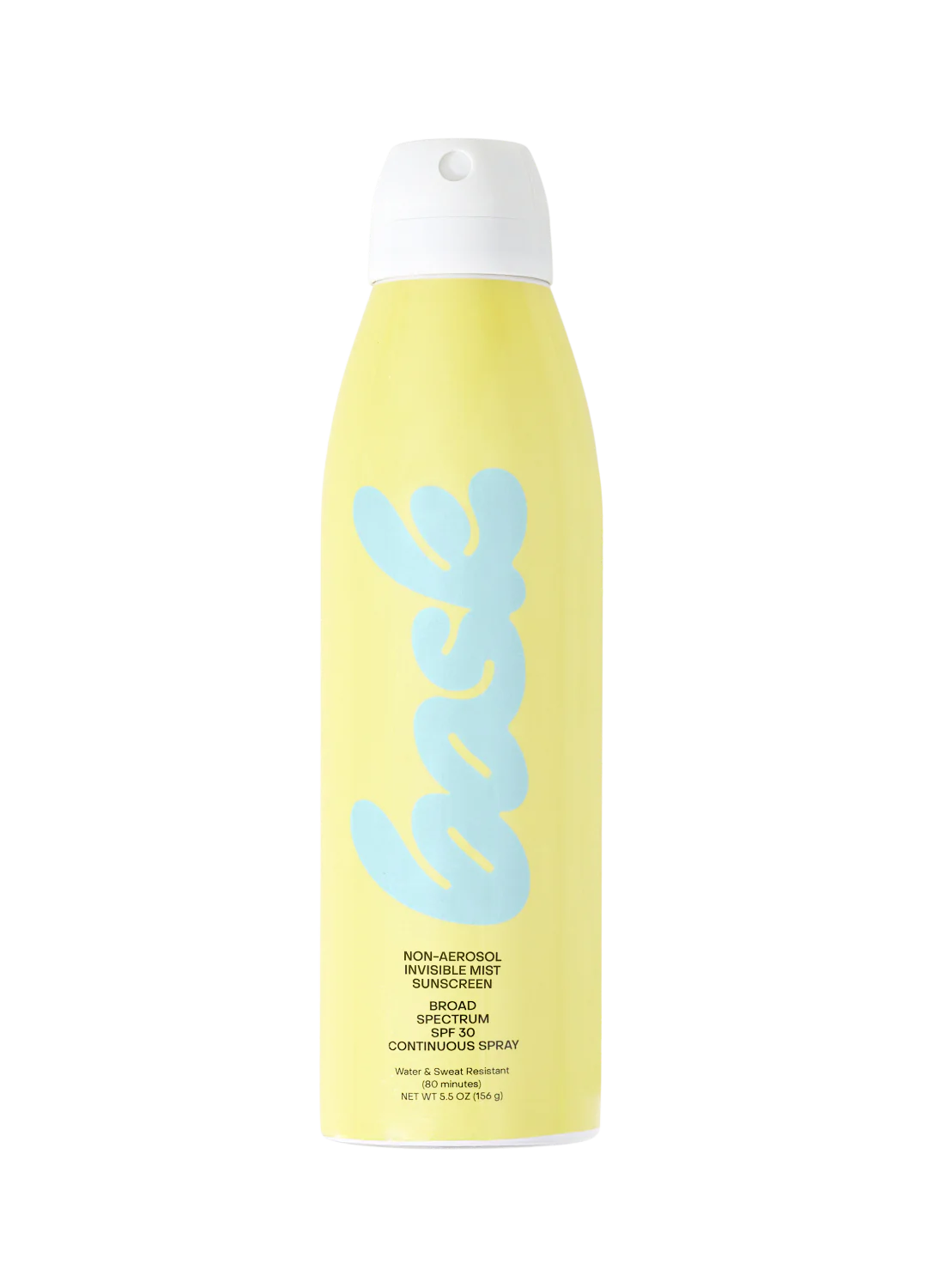 Person holding a Bask SPF 30 Sunscreen Spray against a sunny beach