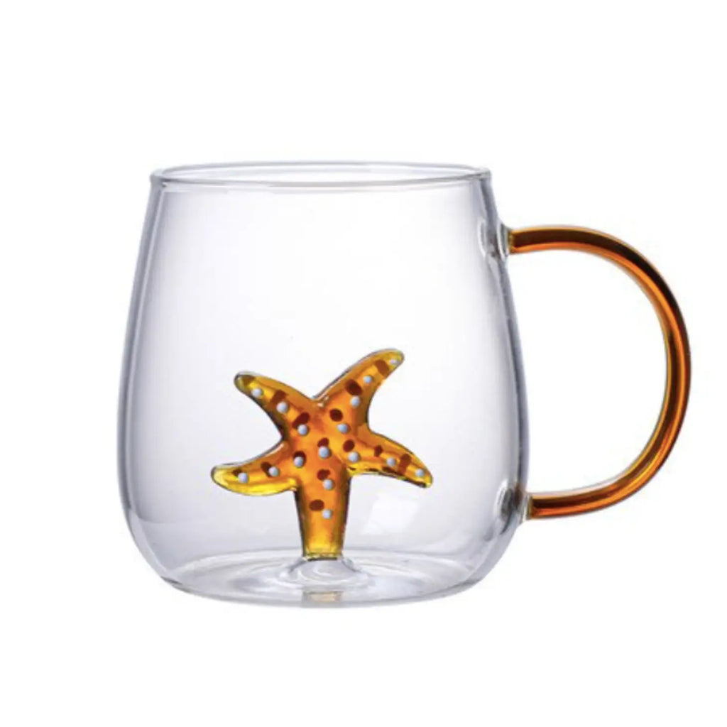 Handmade borosilicate glass cup with a cute 3D mini starfish design at the bottom.